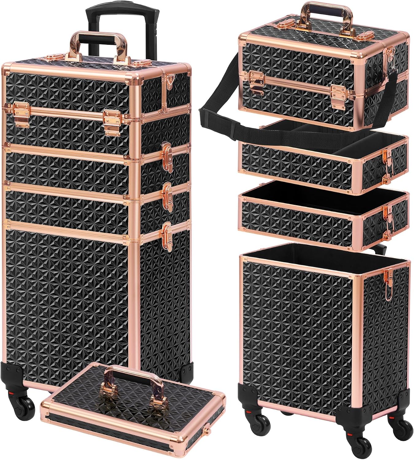 Makeup Organizer - Zwart-gouden 5-in-1 rollende make-up koffer met