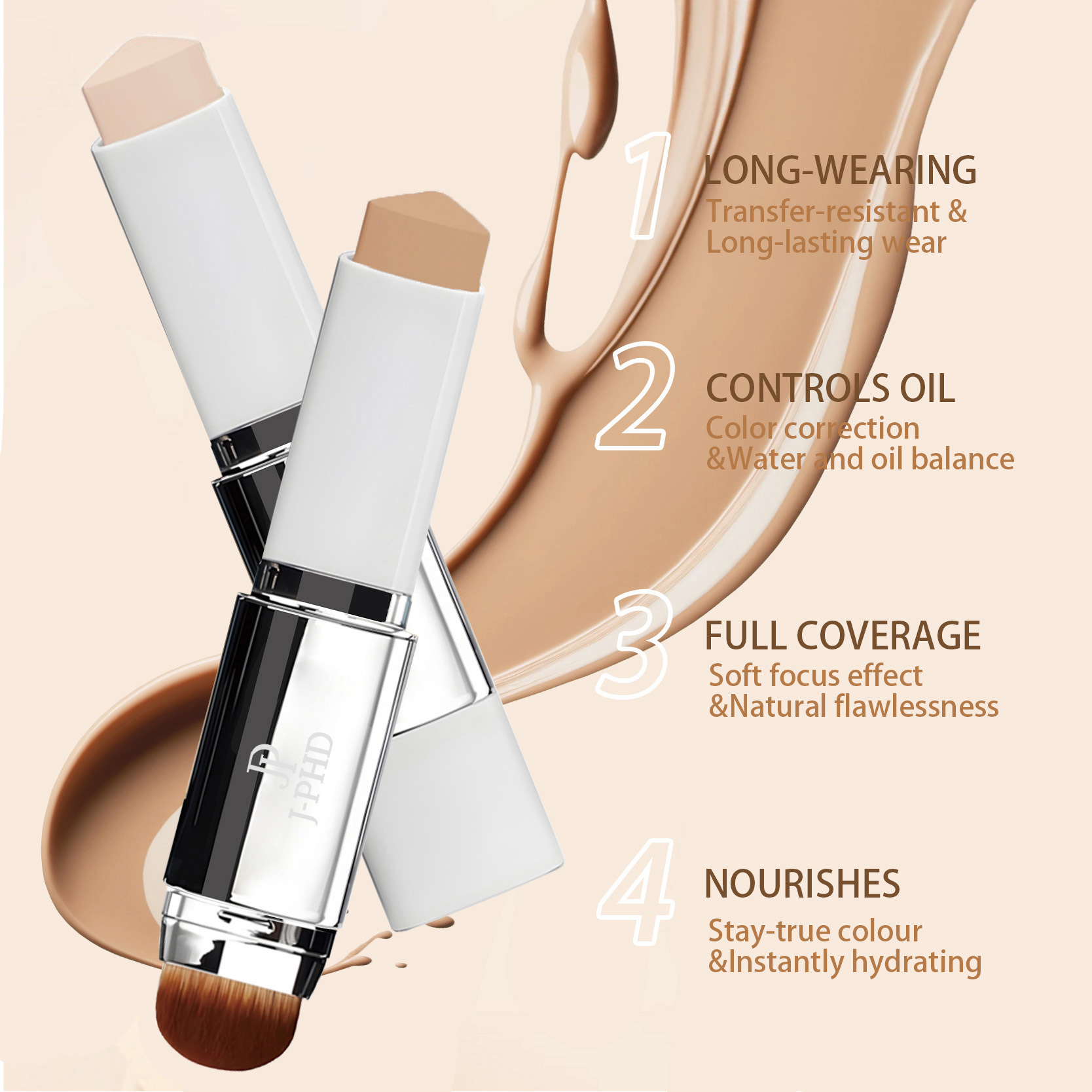 J Beauty Makeup - Twee-in-één borstelkop foundationstick, lichtgewicht en glad,